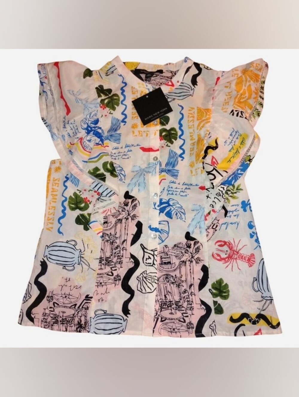 Marc New York Andrew Marc Flutter Sleeve Button Front Novelty Print Blouse Top M